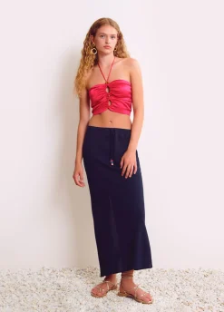 Top Drapeado Abalorios Satinado Liso